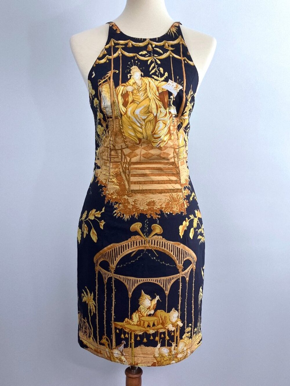Mark E Toile Graphic Art Print Halter Mini Dress Navy Blue Cotton 2 4 Small XS